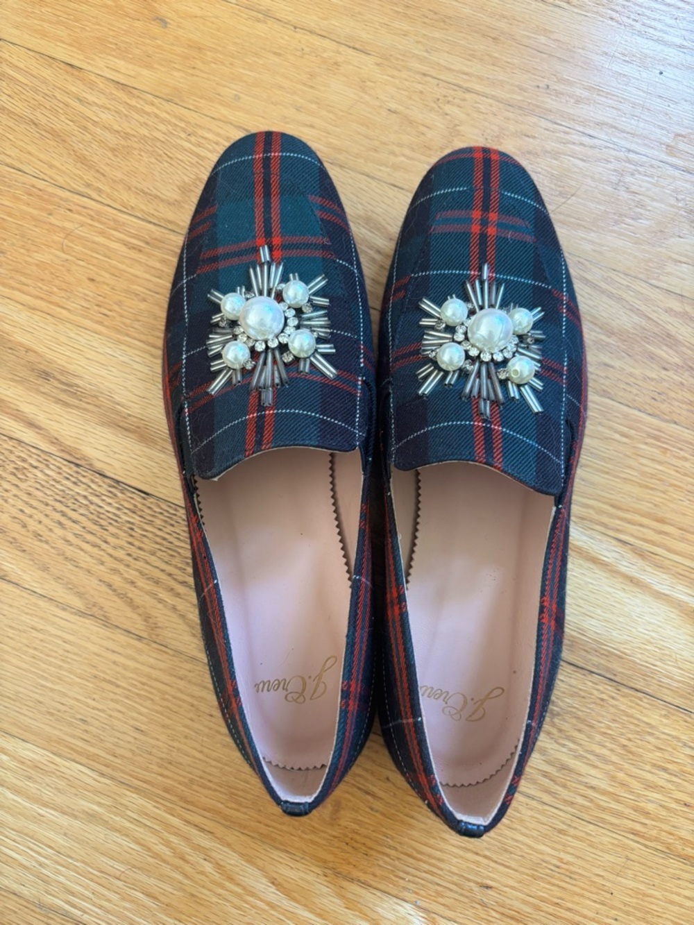 J. Crew Plaid Embellished Loafers in holiday plaid
